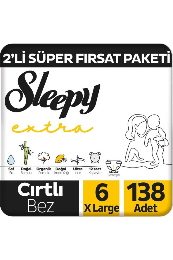 SLEEPY Extra Günlük Aktivite 2'Li Süper Fırsat Paketi Bebek Bezi 6 Numara Xlarge 138 Adet