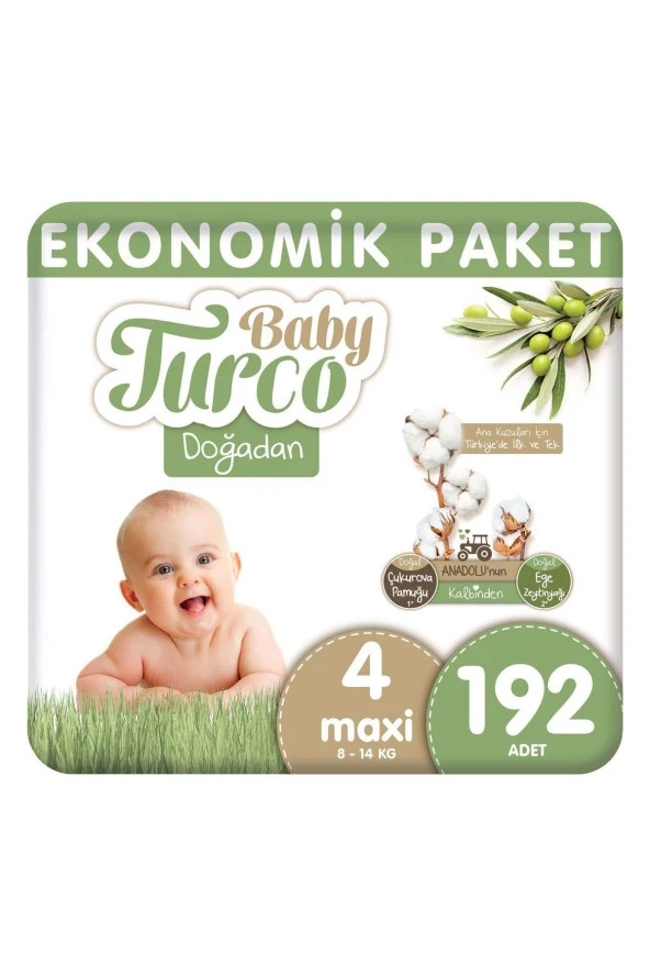 BABY TURCO Doğadan Bebek Bezi Ekonomik Paket Maxi 4 Numara 192 Adet