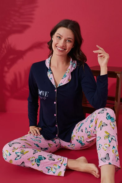 Dreamy Pamuklu Biyeli Önden Düğmeli Kadın Gömlek Pijama Takımı