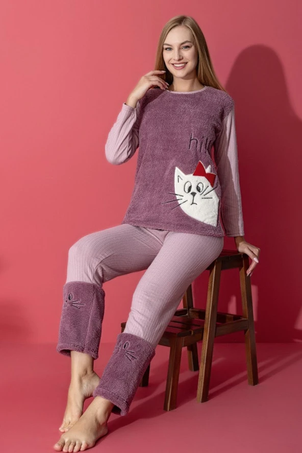 Luxury Soft Kedi Nakışlı Welsoft Pamuklu İnterlok Penye Pijama Takımı