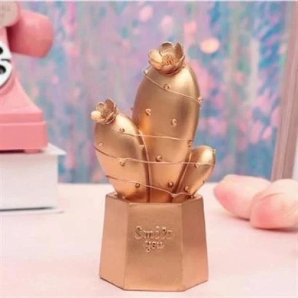BİZAHMETGELSİN® Led Işıklı Sevimli Kaktüs Dekoratif Masa Lambası Mini Biblo Gece Lambası Gold
