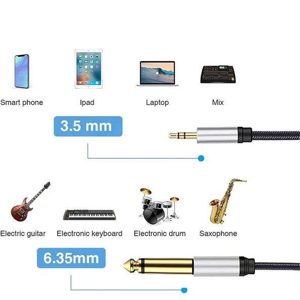 3,5mm stereo 6,3 mm mono jak Bilgisayar anfi bağlantı kablosu 5m - Resim 3