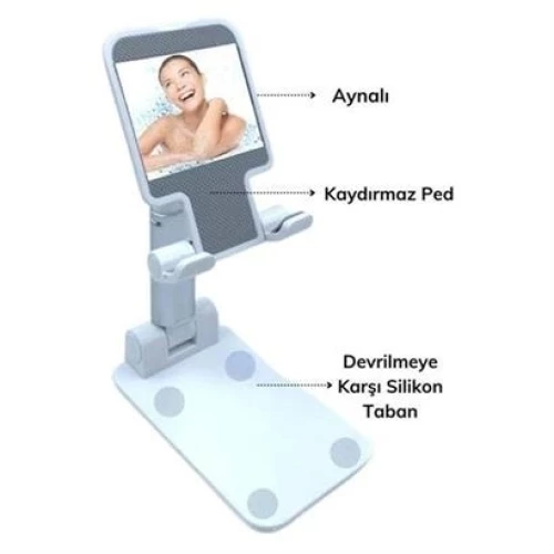 BİZAHMETGELSİN® Pembe Aynalı Cep Telefonu Sabitleyici Stand Katlanabilir Ayarlanabilir Telefon Standı - Resim 5