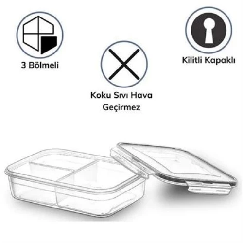 BİZAHMETGELSİN® 3 Bölmeli Kilitli Kapaklı 1 Litre Erzak Saklama Kabı LC-510 - 3