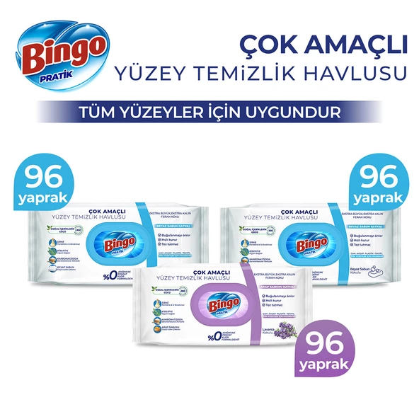 Bingo Pratik Yüzey Temizlik Havlusu 2 Beyaz Sabun + 1 Lavanta (288 Yaprak)