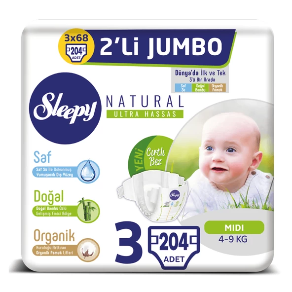 Sleepy Natural Bebek Bezi 3 Beden Midi 3X2'li Jumbo 204 Adet - 1