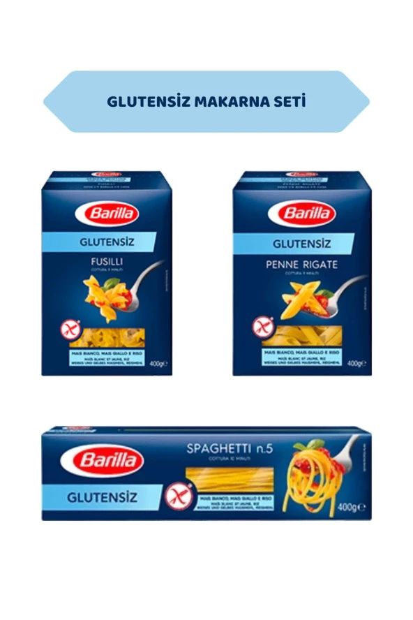 Barilla Glutensiz Makarna Seti -Penne 400 gr, Fusulli 400 gr, Spagetti 400 gr-