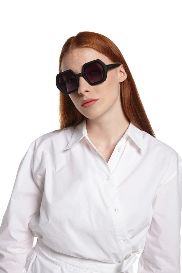 Okkia Emma Big Hexagonal Unisex Güneş Gözlüğü Siyah - 5