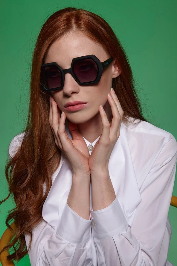 Okkia Emma Big Hexagonal Unisex Güneş Gözlüğü Siyah - 7
