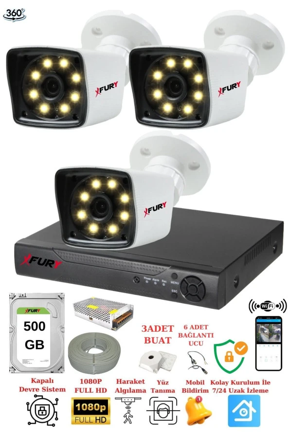 FURY 3 Kameralı 5mp Lens 1080p 2mp ColorGörüntü 8 Warm Led Gece Görüş FullHd Güvenlik Kamera 5525W 500GB