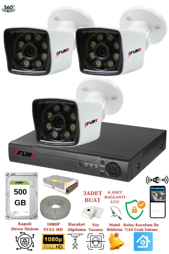 FURY 3 Kameralı 5mp Lens 1080p 2mp ColorGörüntü 8 Warm Led Gece Görüş FullHd Güvenlik Kamera 5525W 500GB - 2