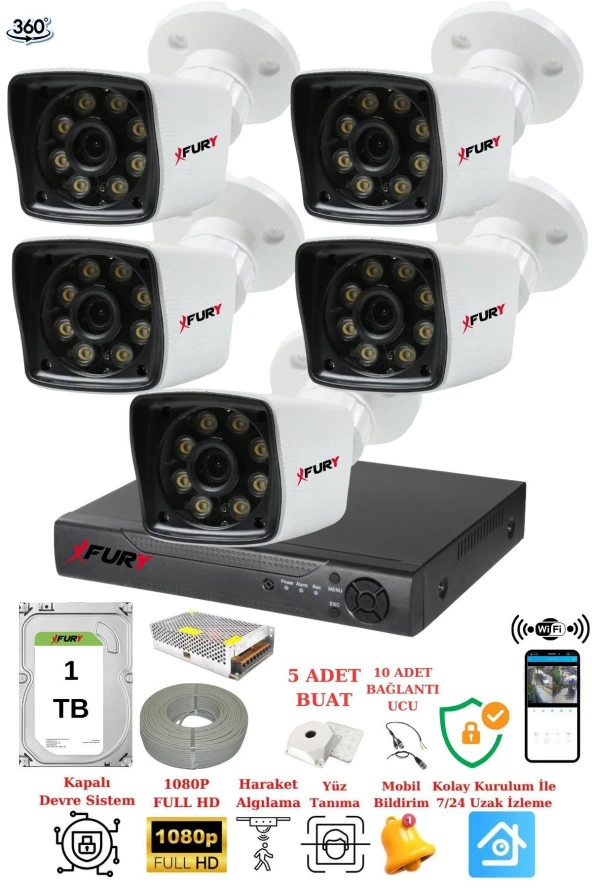 FURY 5 Kameralı 5mp Lens 1080p 2mp Color Görüntü 8 Warm Led Gece Görüş FullHd Güvenlik Kamerası 5525W 1TB - 2