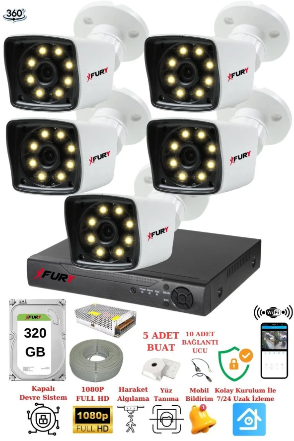 FURY 5 Kameralı 5mp Lens 1080p 2mp Color Görüntü 8 Warm Led Gece Görüş FullHd Güvenlik Kamera 5525W 320