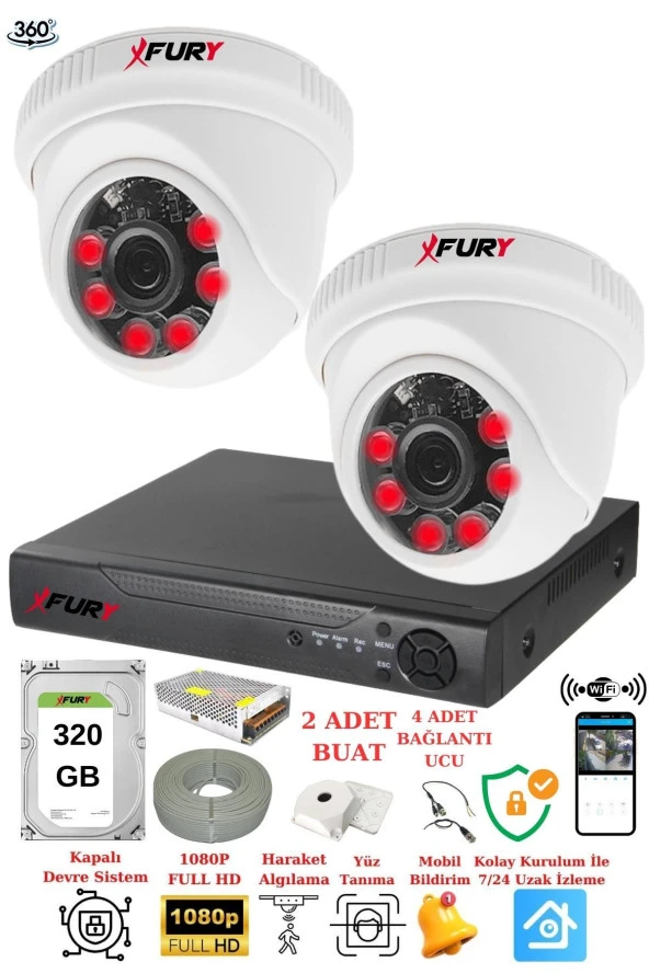 FURY 2 Kameralı 5mp 3.6mm Lens 2mp Görüntü 6 Atom Led Gece Görüşlü FullHd Güvenlik Kamerası 1412A 320gb