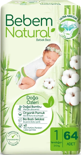 Bebem Bebek Bezi Natural Beden:1 (2-5Kg) Yenidoğan 64 Adet Fırsat Pk