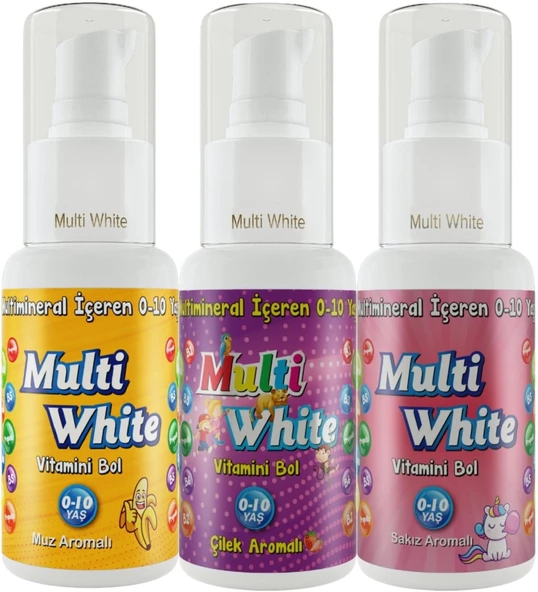 Multi White Diş Macunu 50ML Karma Muz-Çilek-Sakız Aromalı Bol Vitaminli (0-10 Yaş) (3 Lü Set)