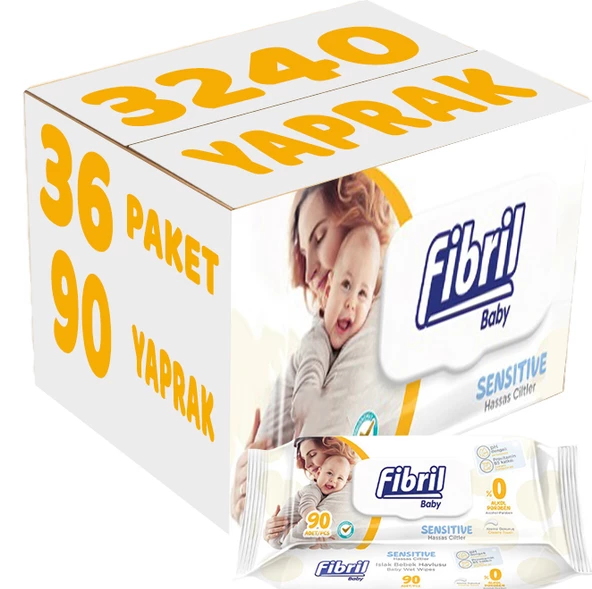 Fibril Islak Havlu Mendil 90 Yaprak Baby Sensitive Plastik Kapaklı (36 Lı Set) 3240 Yaprak