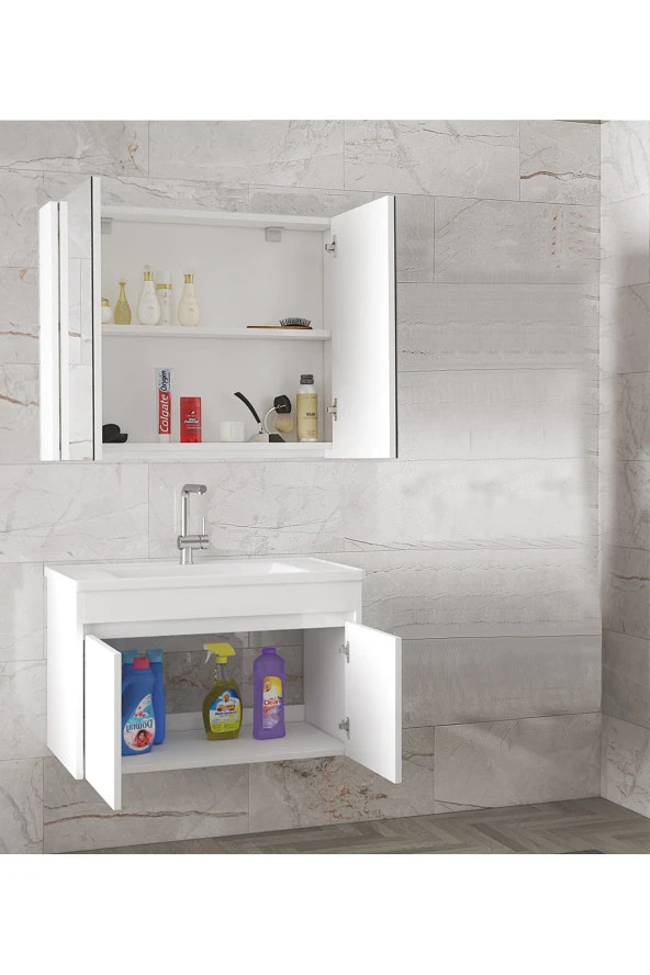 Estella-EA Beyaz 80 Cm Mdf-aynalı-lavabolu Banyo Dolabı Takımı--HAZIR KURULU - 2