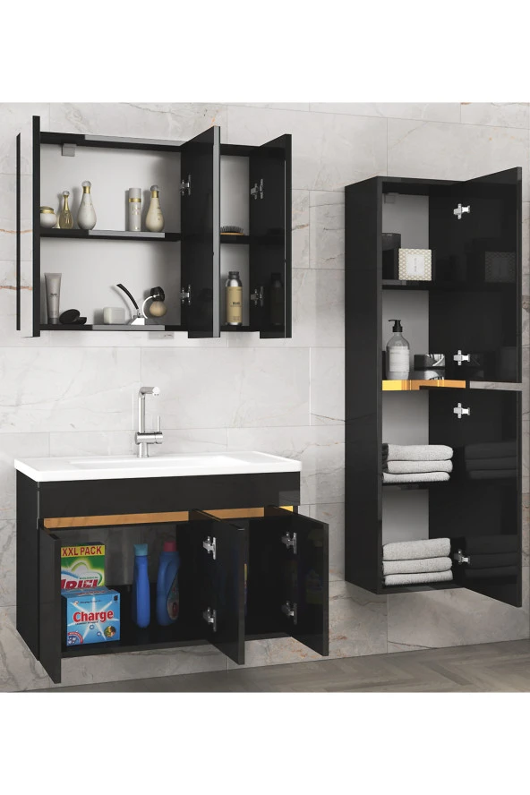 Viola3 S-Siyah 100+35 cm MDF-Aynalı Seramik Lavabolu Banyo Dolabı Takımı- HAZIR KURULU - 2