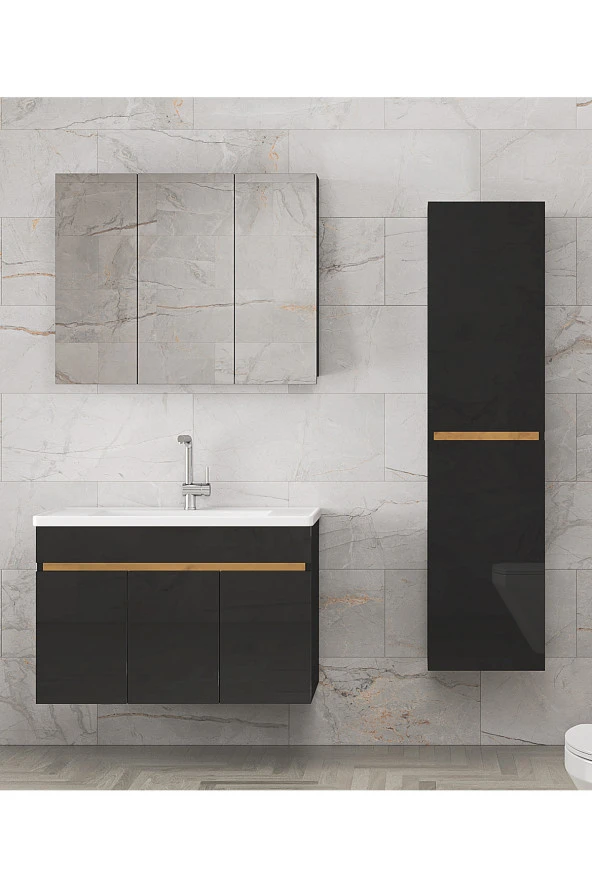 Viola3 S-Siyah 100+35 cm MDF-Aynalı Seramik Lavabolu Banyo Dolabı Takımı- HAZIR KURULU - 3