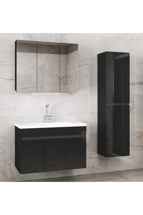Alfa Banyo Viola3-Siyah 100+35 cm MDF-Aynalı Seramik Lavabolu Banyo Dolabı Takımı- - 1