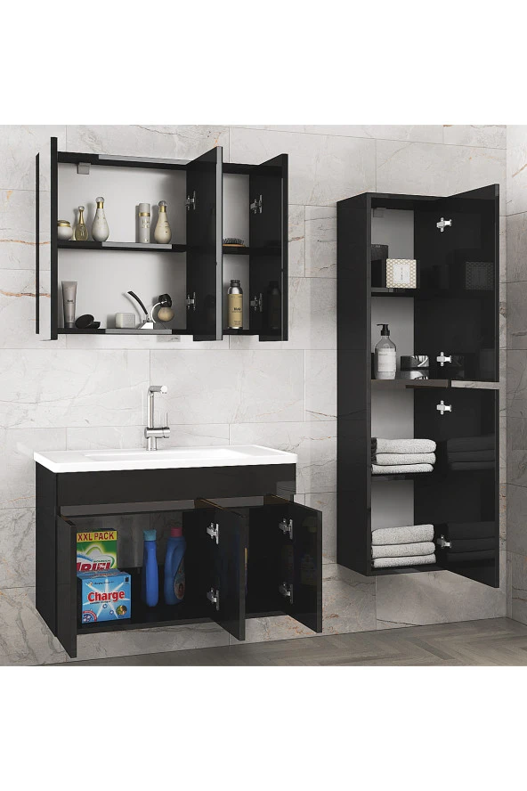 Alfa Banyo Viola3-Siyah 100+35 cm MDF-Aynalı Seramik Lavabolu Banyo Dolabı Takımı- - 2