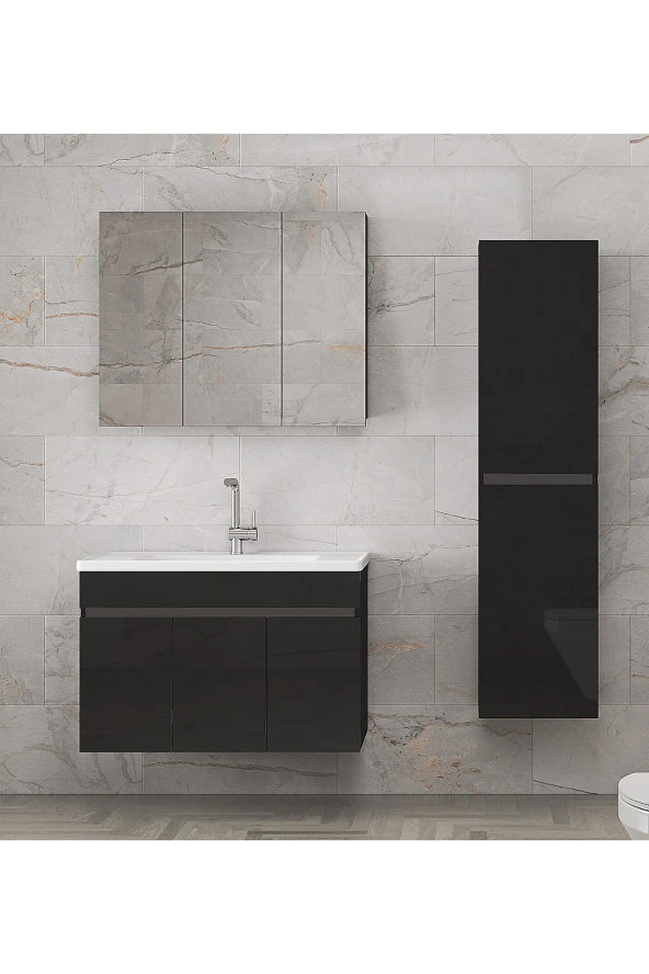Alfa Banyo Viola3-Siyah 100+35 cm MDF-Aynalı Seramik Lavabolu Banyo Dolabı Takımı- - 3