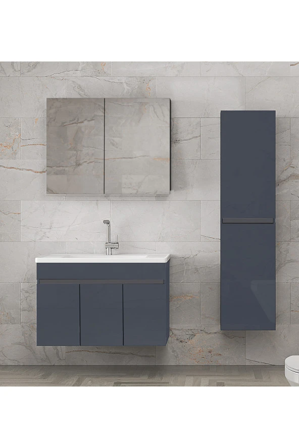 Alfa Banyo Viola3-Antrasit 80+35 cm MDF-Aynalı Seramik Lavabolu Banyo Dolabı Takımı--HAZIR KURULU-- - 2