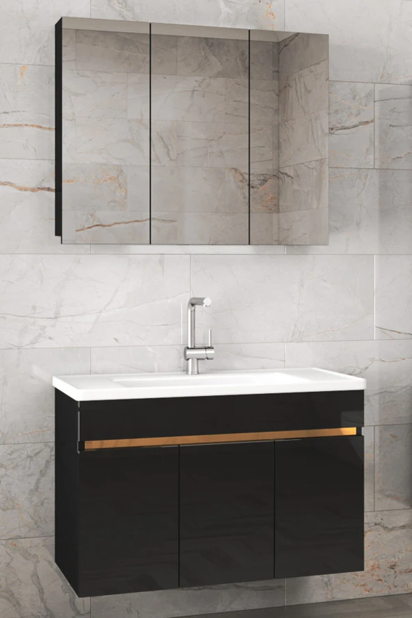Viola3-S Siyah 100 cm MDF-Aynalı Seramik Lavabolu Banyo Dolabı Takımı