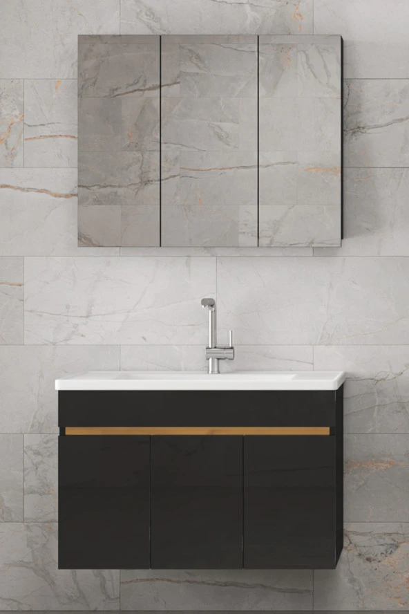 Alfa Banyo Viola3-S Siyah 100 cm MDF-Aynalı Seramik Lavabolu Banyo Dolabı Takımı - Resim 3