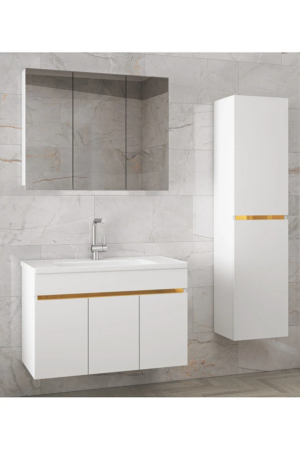 Alfa Banyo Viola3-S Beyaz 100+35 cm MDF-Aynalı Seramik Lavabolu Banyo Dolabı Takımı-HAZIR KURULU - 1