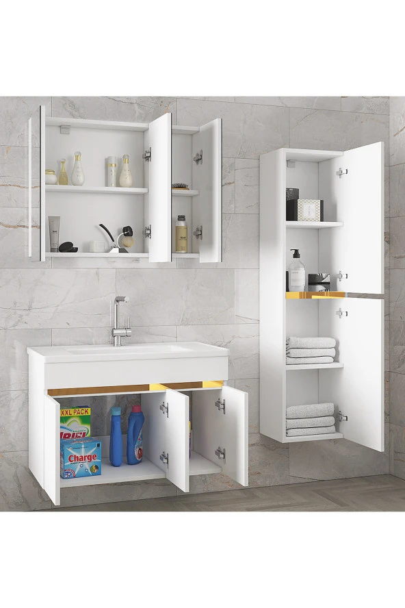 Alfa Banyo Viola3-S Beyaz 100+35 cm MDF-Aynalı Seramik Lavabolu Banyo Dolabı Takımı-HAZIR KURULU - 3