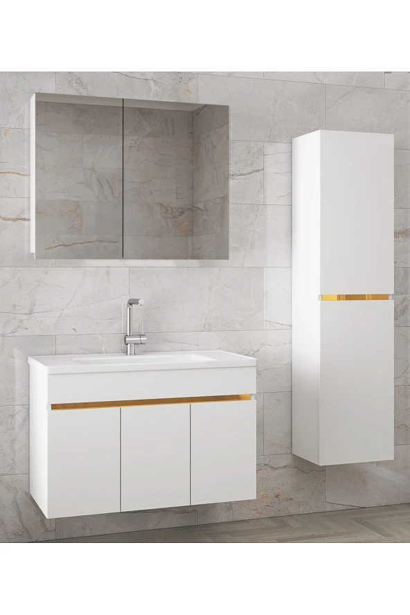 Viola3-S Beyaz 80+35 cm MDF-Aynalı Seramik Lavabolu Banyo Dolabı Takımı-HAZIR KURULU
