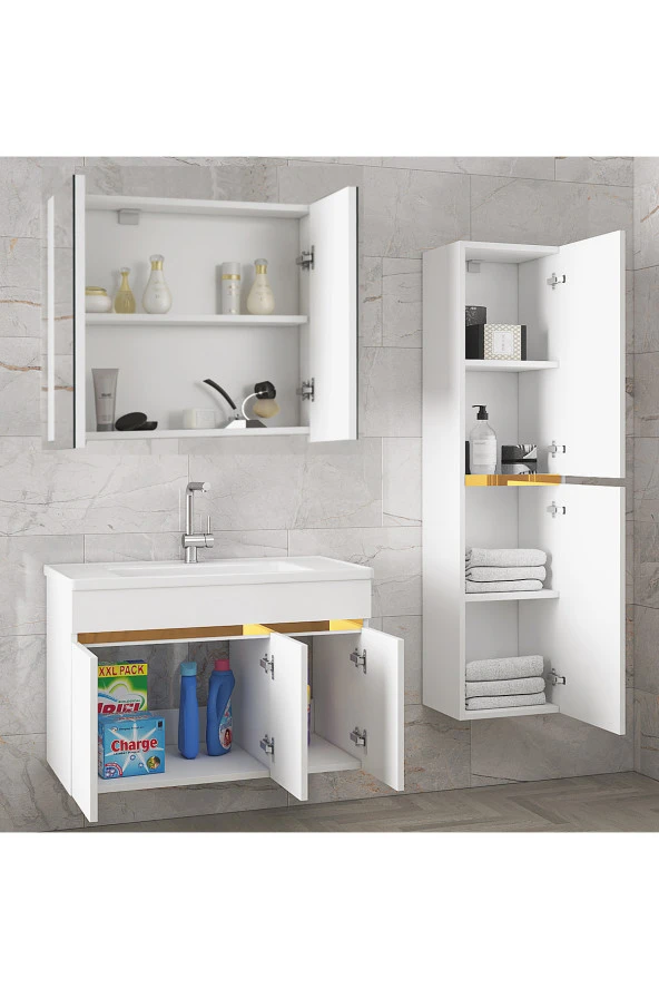 Alfa Banyo Viola3-S Beyaz 80+35 cm MDF-Aynalı Seramik Lavabolu Banyo Dolabı Takımı-HAZIR KURULU - Resim 2