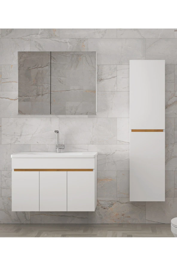 Alfa Banyo Viola3-S Beyaz 80+35 cm MDF-Aynalı Seramik Lavabolu Banyo Dolabı Takımı-HAZIR KURULU - Resim 3