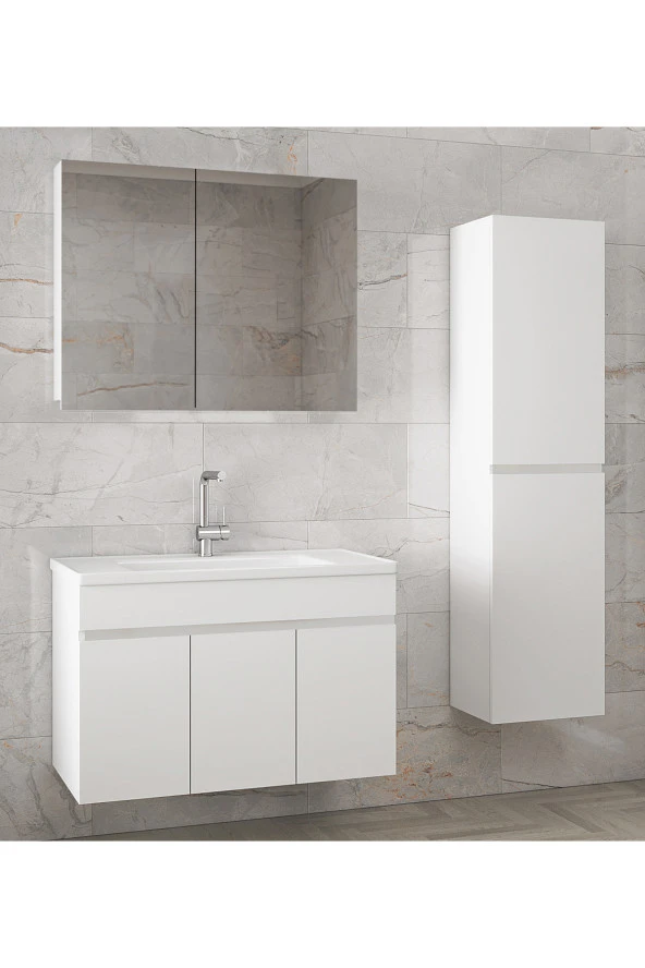 Viola3-Beyaz 80+35 cm MDF-Aynalı Seramik Lavabolu Banyo Dolabı Takımı-HAZIR KURULU