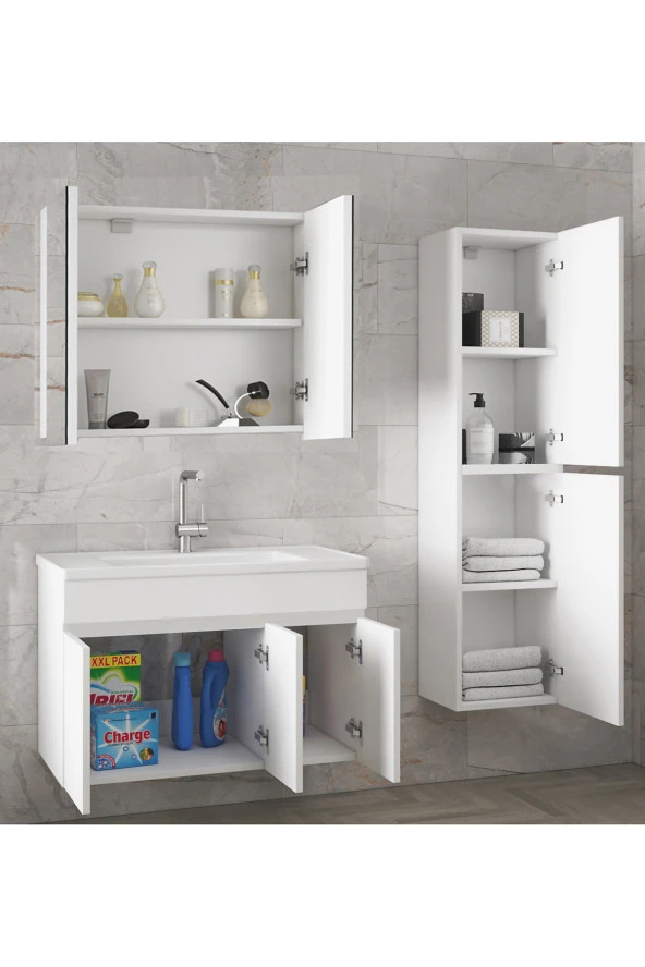Alfa Banyo Viola3-Beyaz 80+35 cm MDF-Aynalı Seramik Lavabolu Banyo Dolabı Takımı-HAZIR KURULU - 2