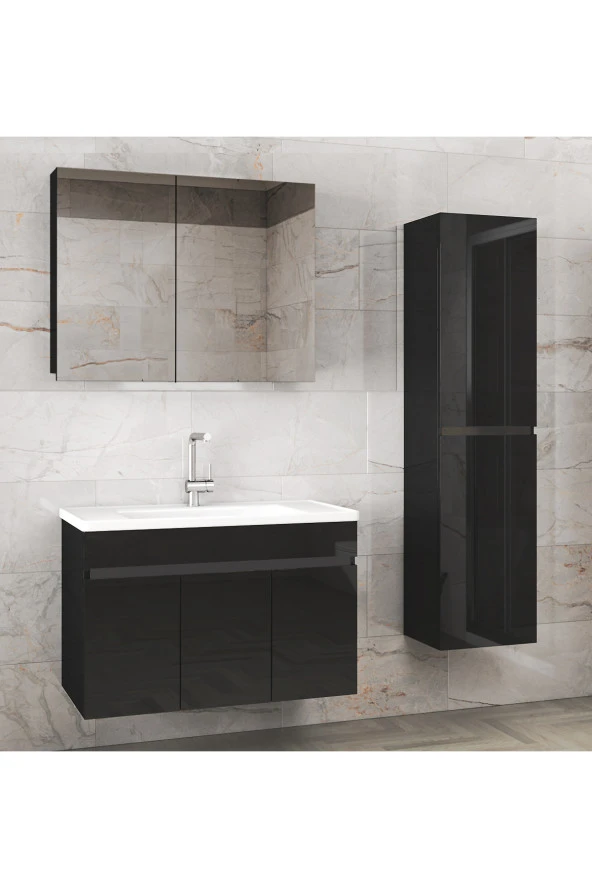Viola3-Siyah 80+35 cm MDF-Aynalı Seramik Lavabolu Banyo Dolabı Takımı-HAZIR KURULU