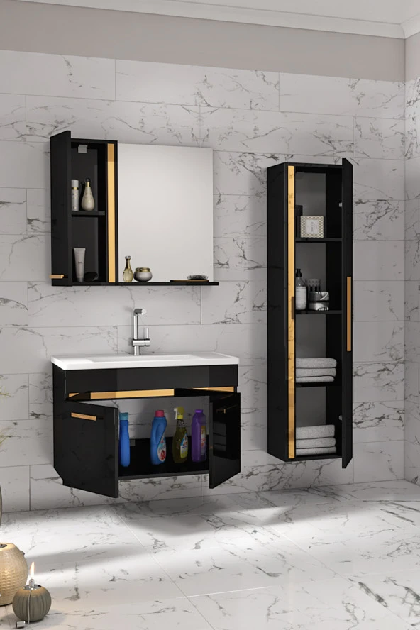 Yeni Gold SİYAH (65+35) 100 Cm Boy Dolaplı lavabolu banyo dolabı Takımı--HAZIR KURULU - 2