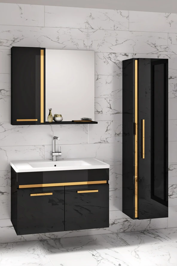 Yeni Gold SİYAH (65+35) 100 Cm Boy Dolaplı lavabolu banyo dolabı Takımı--HAZIR KURULU - 3