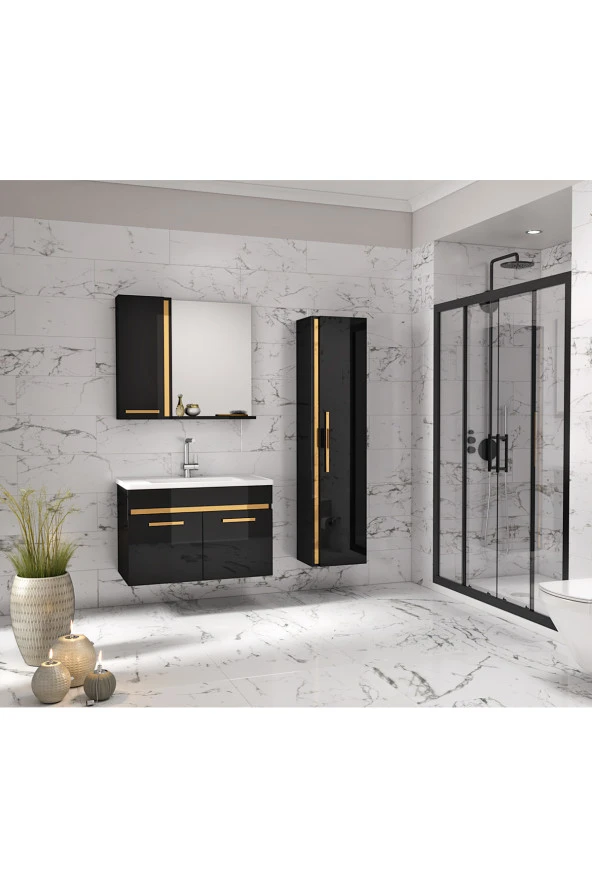 Yeni Gold SİYAH (65+35) 100 Cm Boy Dolaplı lavabolu banyo dolabı Takımı--HAZIR KURULU - 4