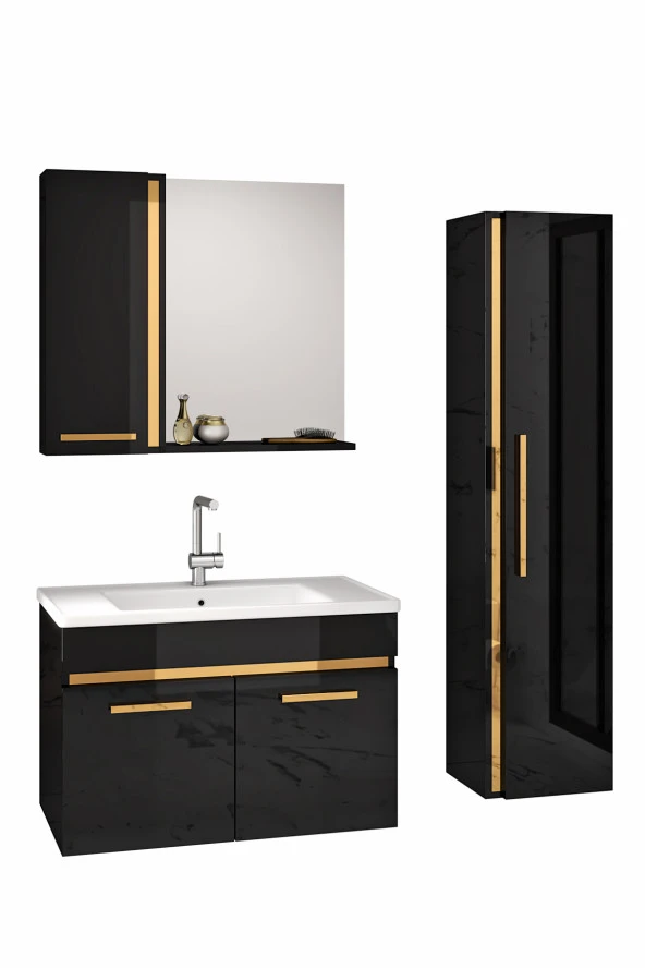 Yeni Gold SİYAH (65+35) 100 Cm Boy Dolaplı lavabolu banyo dolabı Takımı--HAZIR KURULU - 5