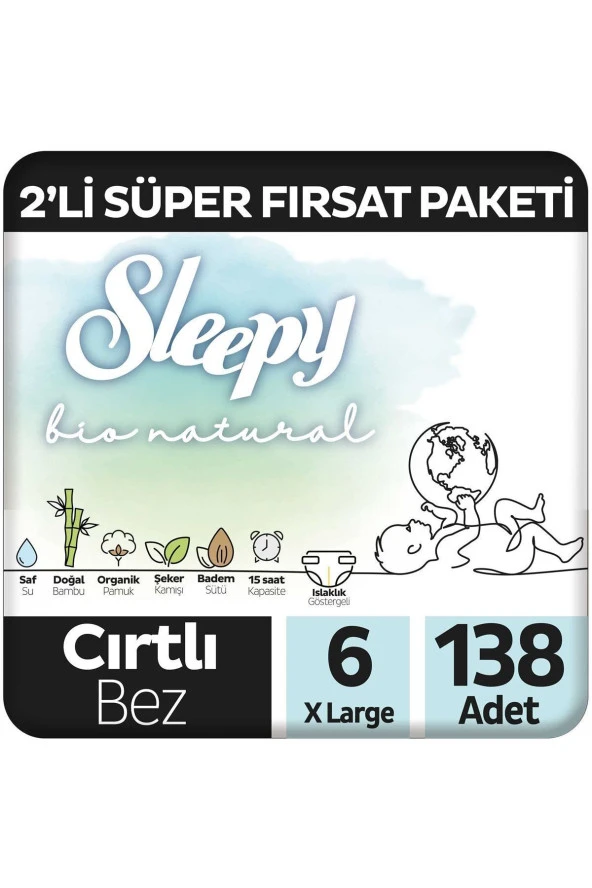 Sleepy Bio Natural 2'Li Süper Fırsat Paketi Bebek Bezi 6 Numara Xlarge 138 Adet
