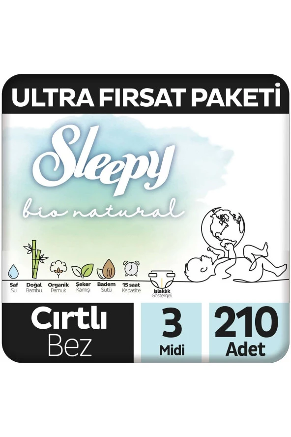 Sleepy Bio Natural Ultra Fırsat Paketi Bebek Bezi 3 Numara Midi 210 Adet