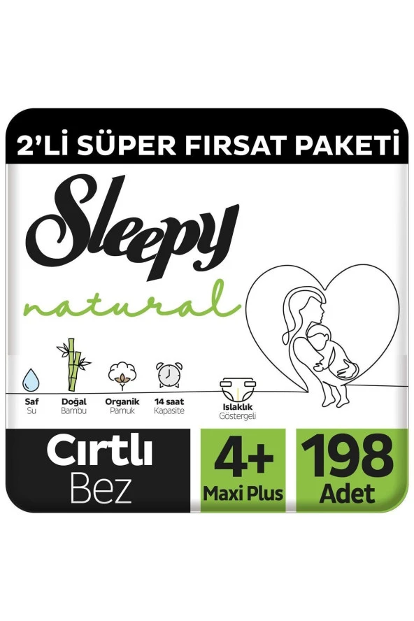 Sleepy Natural 2'Li Süper Fırsat Paketi Bebek Bezi 4+ Numara Maxi Plus 198 Adet