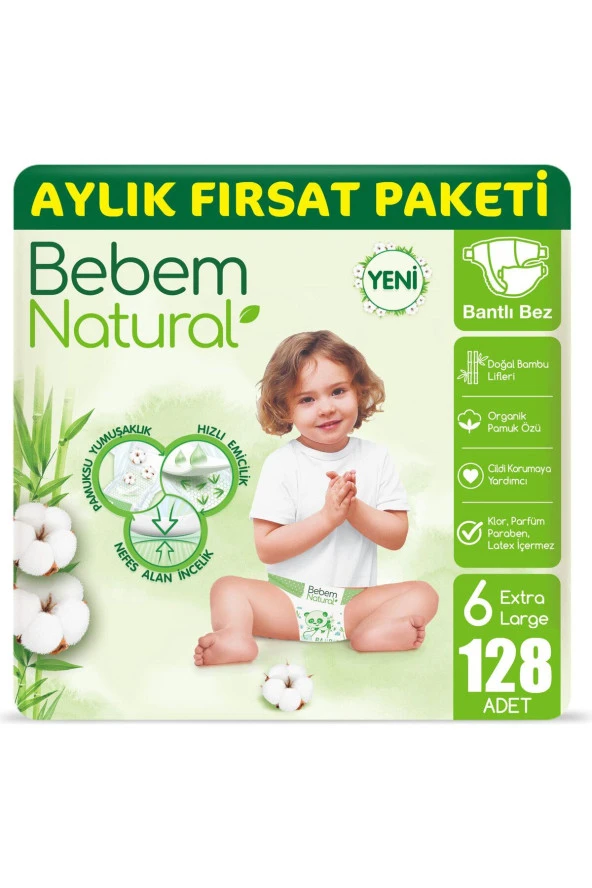 Bebem Natural Bebek Bezi 6 Beden Ekstra Large Aylık Fırsat Paketi 128 Adet