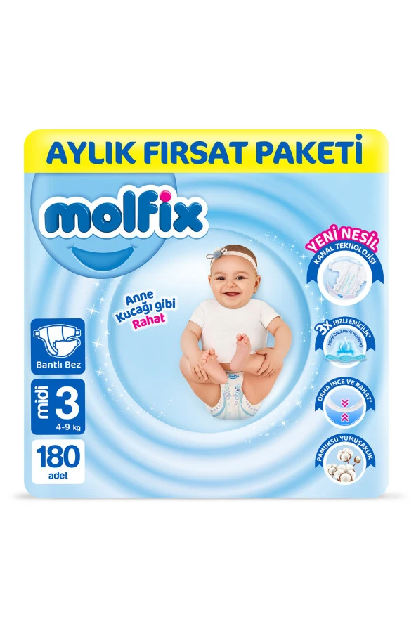 Molfix Bebek Bezi 3 Beden Midi Aylık Fırsat Paketi 180 Adet