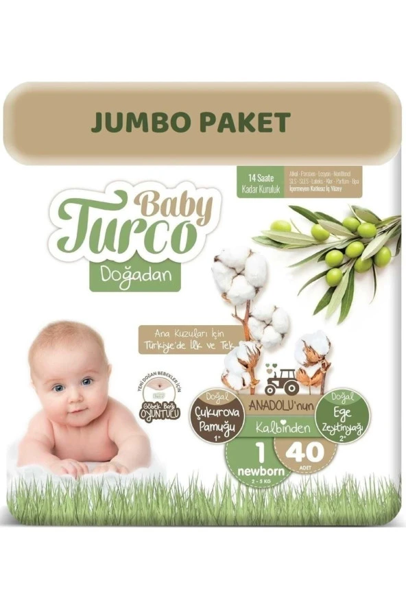 Baby Turco Bebek Bezi Doğadan Beden:1 (2-5kg) Yeni Doğan 40 Adet (göbek Bağı Oyuntulu) Jumbo
