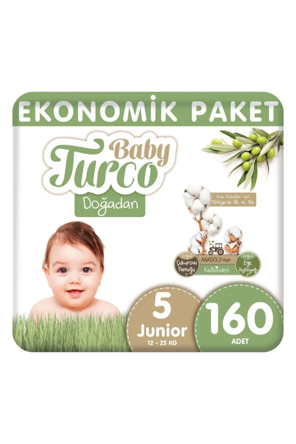 Baby Turco Doğadan Bebek Bezi Ekonomik Paket Junior 5 Numara 160 Adet
