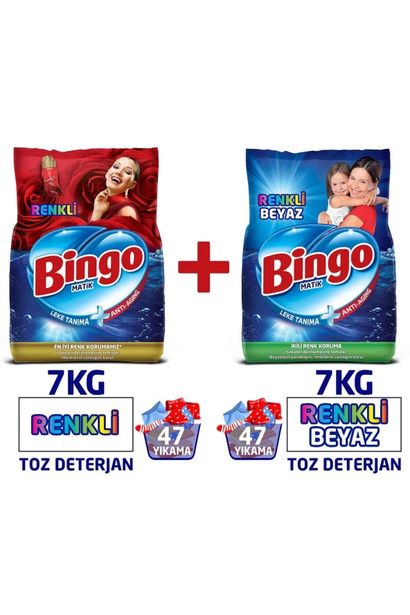 Bingo Renkli ve Renkli&Beyaz Toz Çamaşır Deterjanı 7 kg 2’li Av Pkt